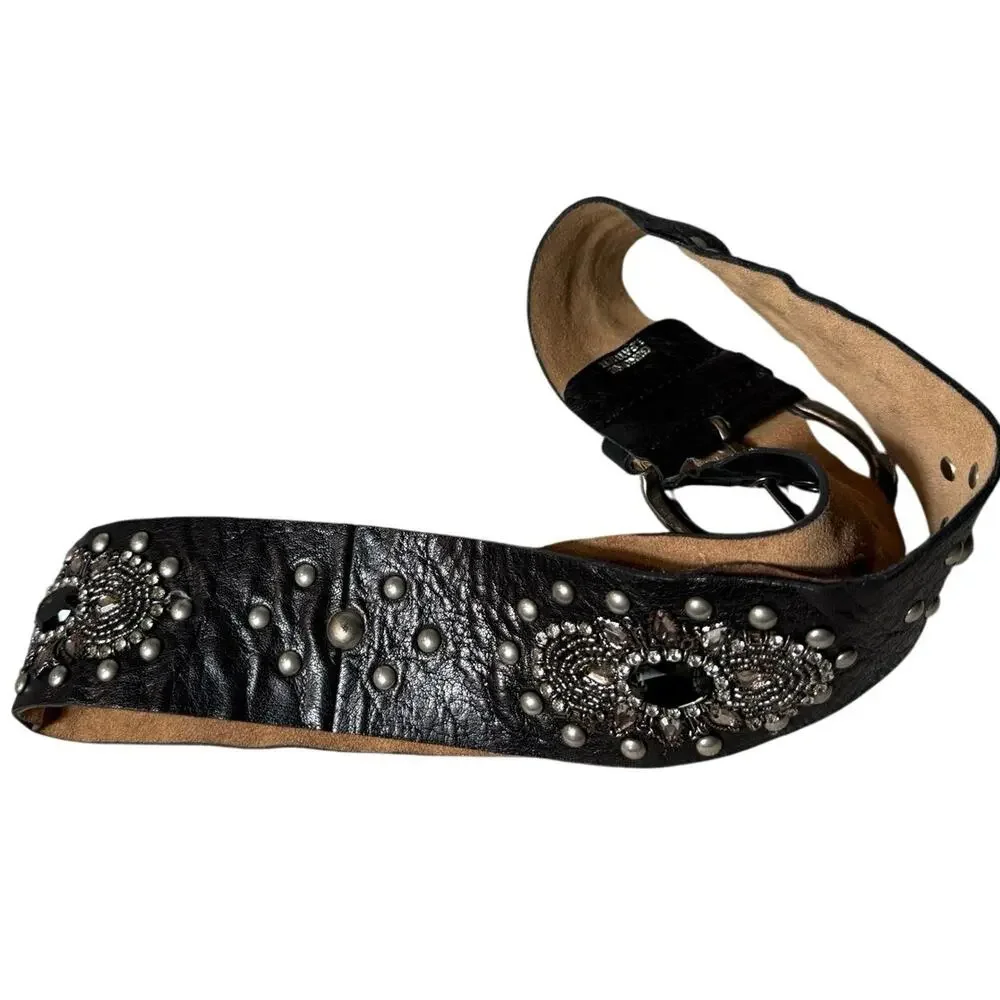Unique Vintage Leather Heavily Jeweled Studded Beaded Black Belt 33-38” Apx XL